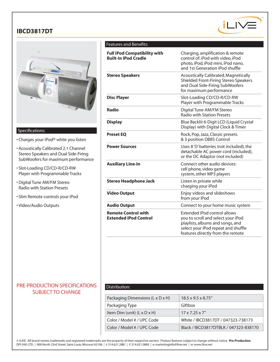 iLive IBCD3817DT manual Full iPod Compatibility with, Built-In iPod Cradle, Stereo Speakers, Disc Player, Radio, Display 