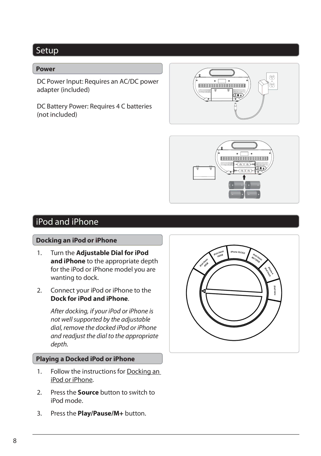 iLive IBP391B manual Setup, IPod and iPhone, Power, Playing a Docked iPod or iPhone 