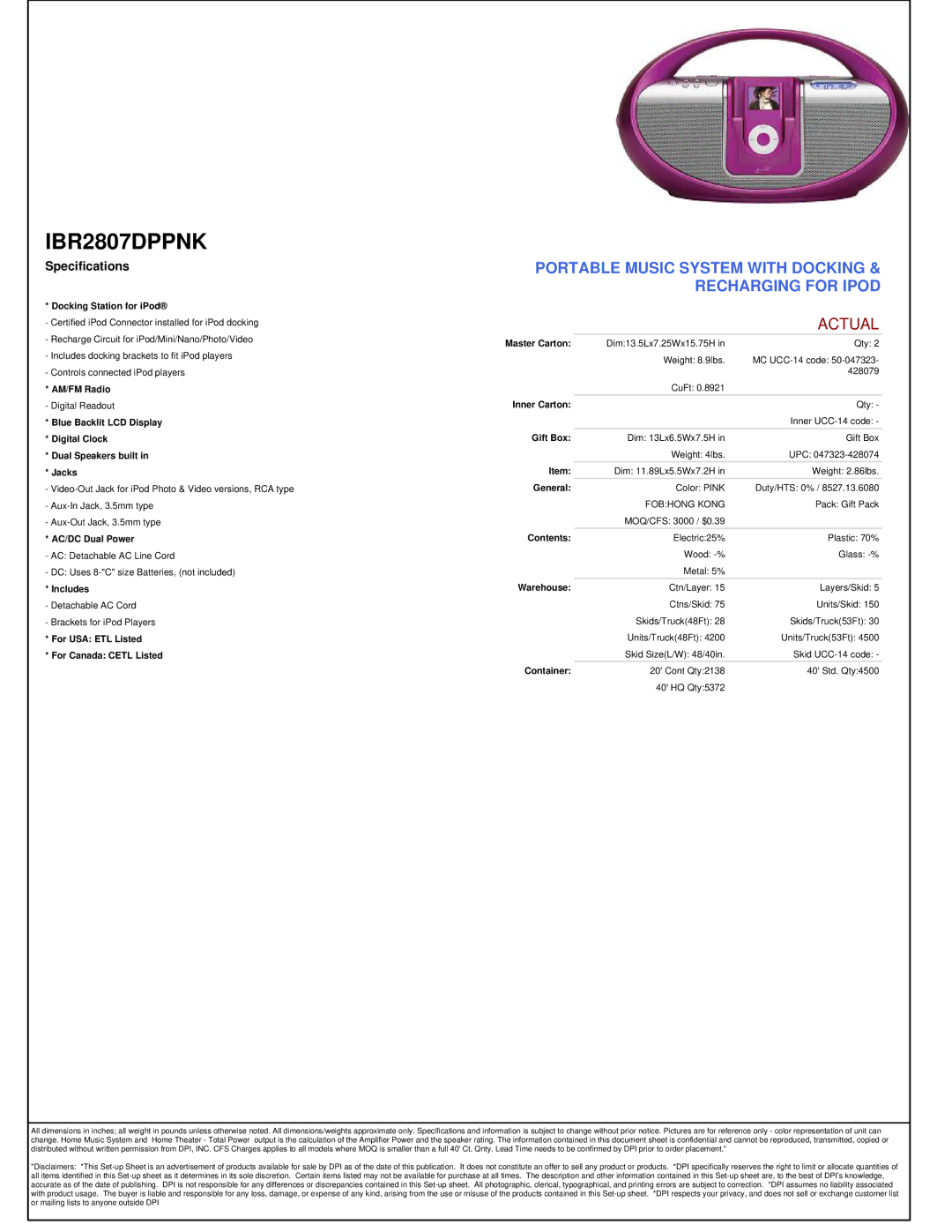 iLive IBR2807DPPNK manual Portable Music System with Docking & Recharging for Ipod, Actual, Specifications 