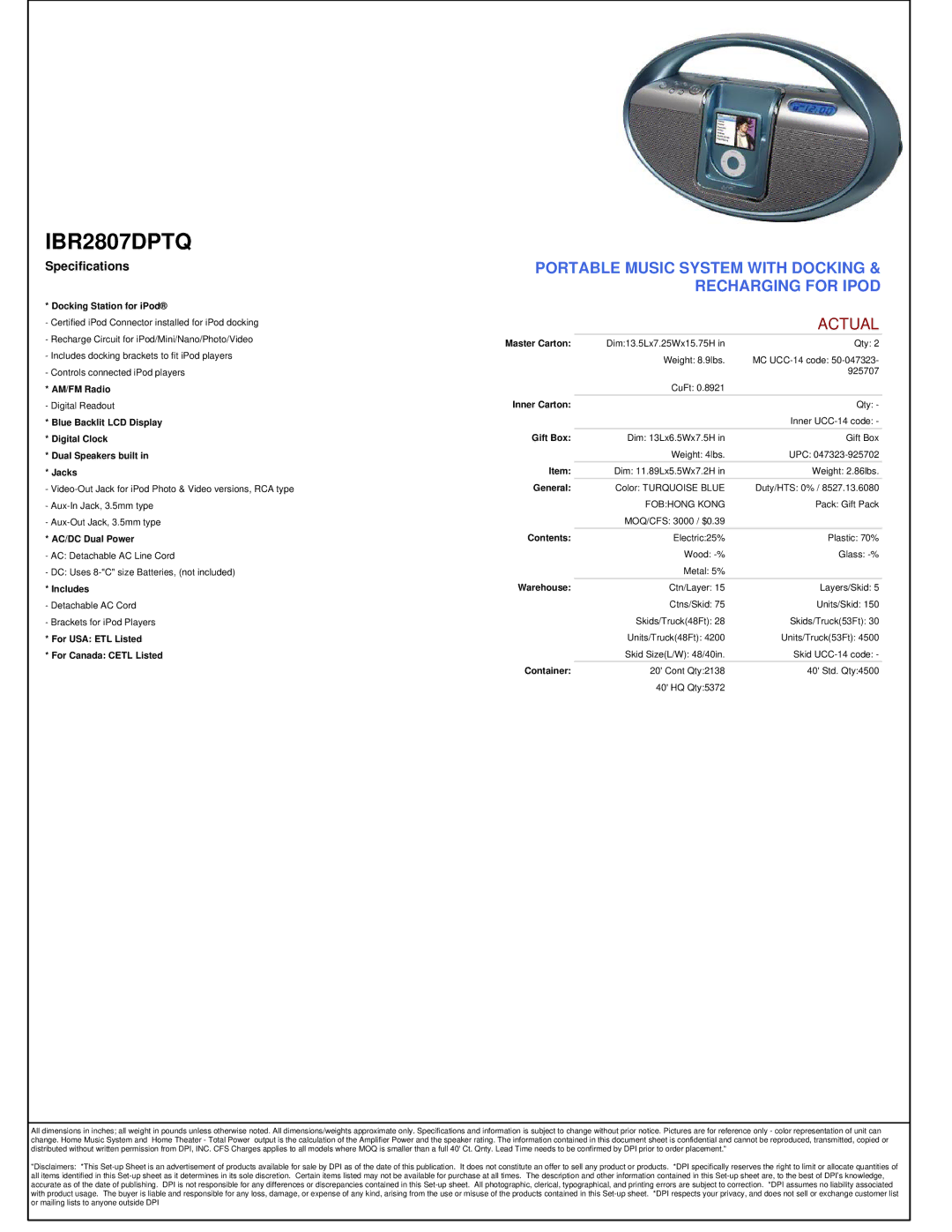 iLive IBR2807DPTQ manual Portable Music System with Docking & Recharging for Ipod, Actual, Specifications 