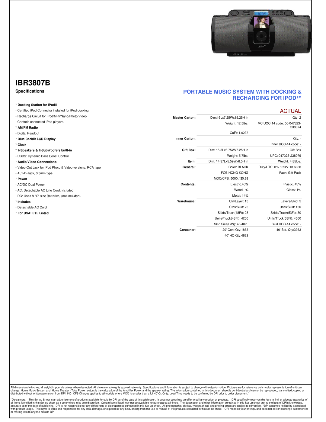 iLive IBR3807B manual Portable Music System with Docking & Recharging for Ipod, Actual, Specifications 