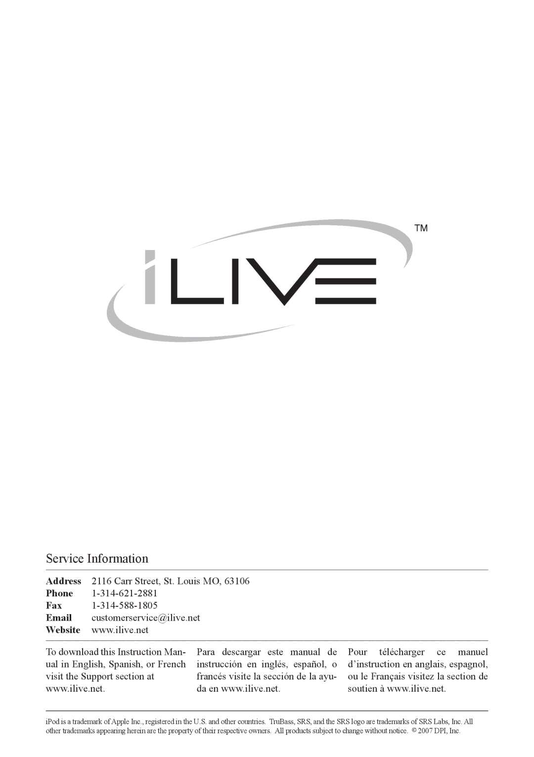 iLive IC2807BLK instruction manual Service Information 