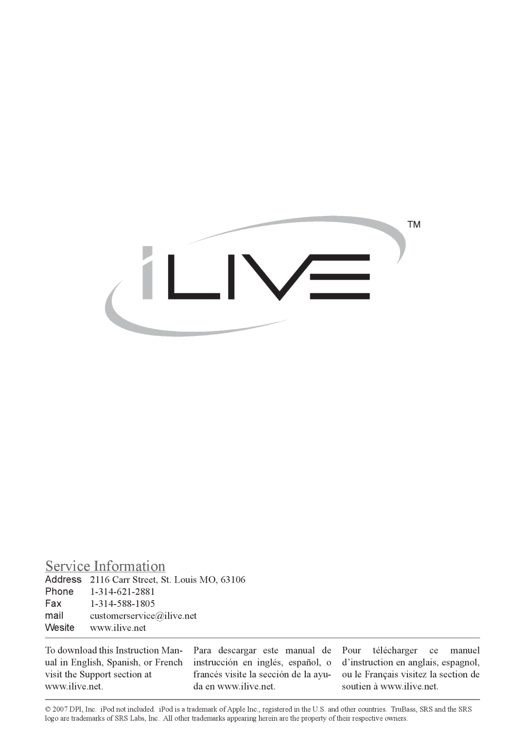 iLive IC308B instruction manual Service Information 