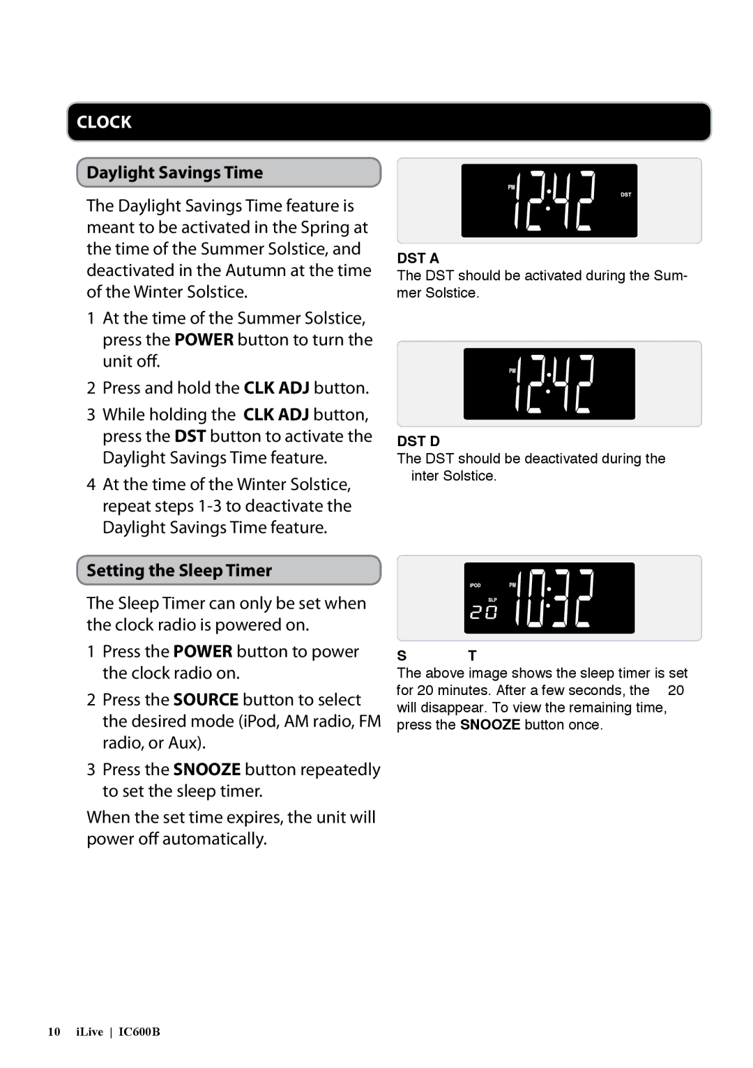 iLive IC600B manual Daylight Savings Time, Setting the Sleep Timer 