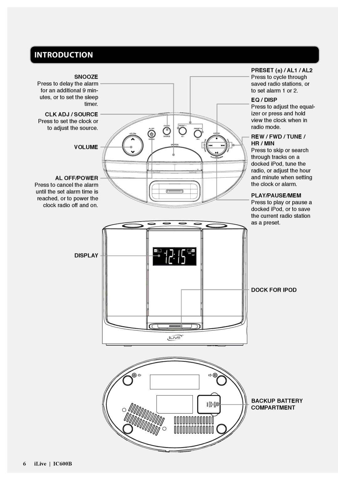 iLive IC600B manual Introduction, Snooze 