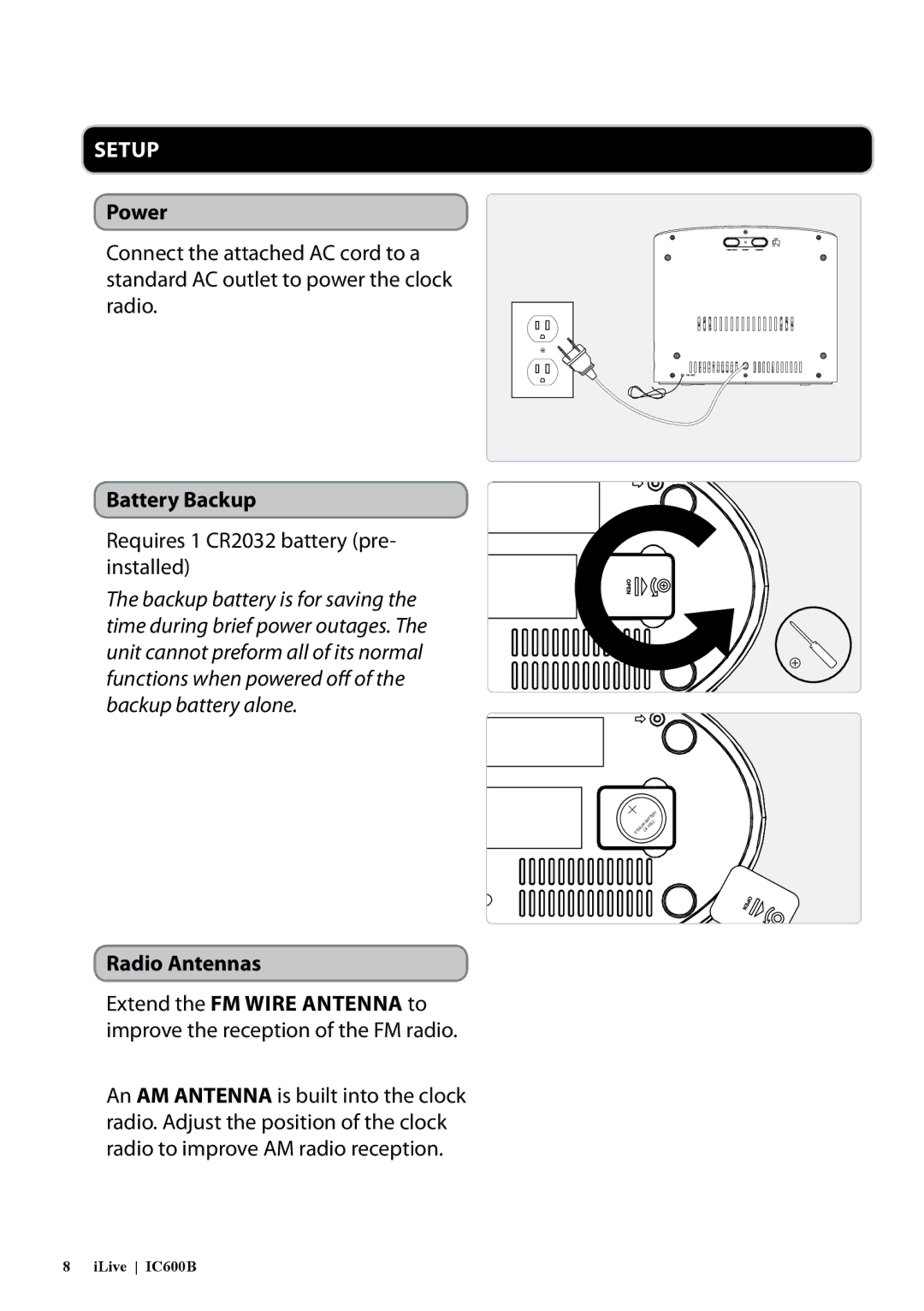 iLive IC600B manual Power, Battery Backup 