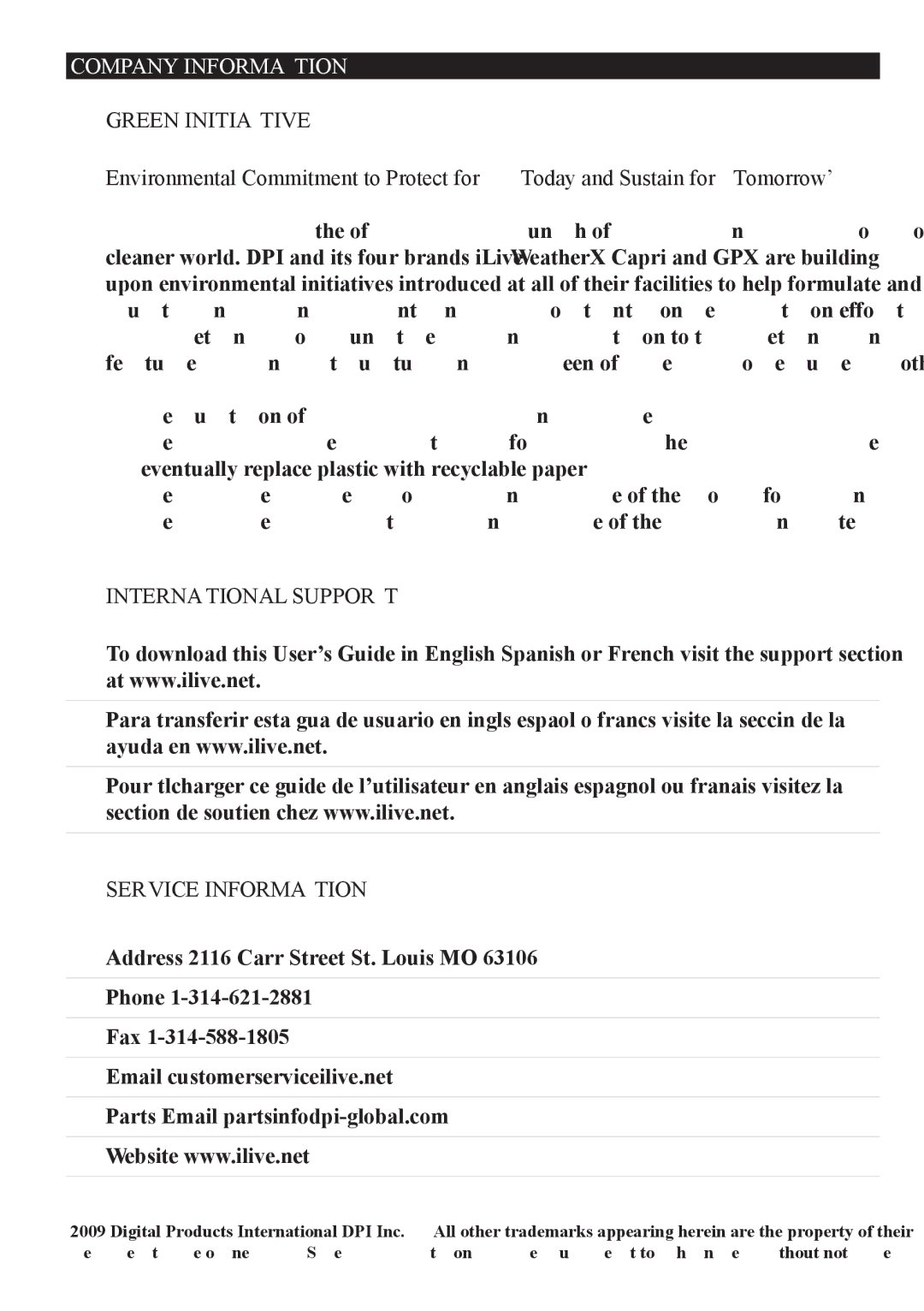 iLive IC609 important safety instructions Company Information Green initiative, International support Service information 