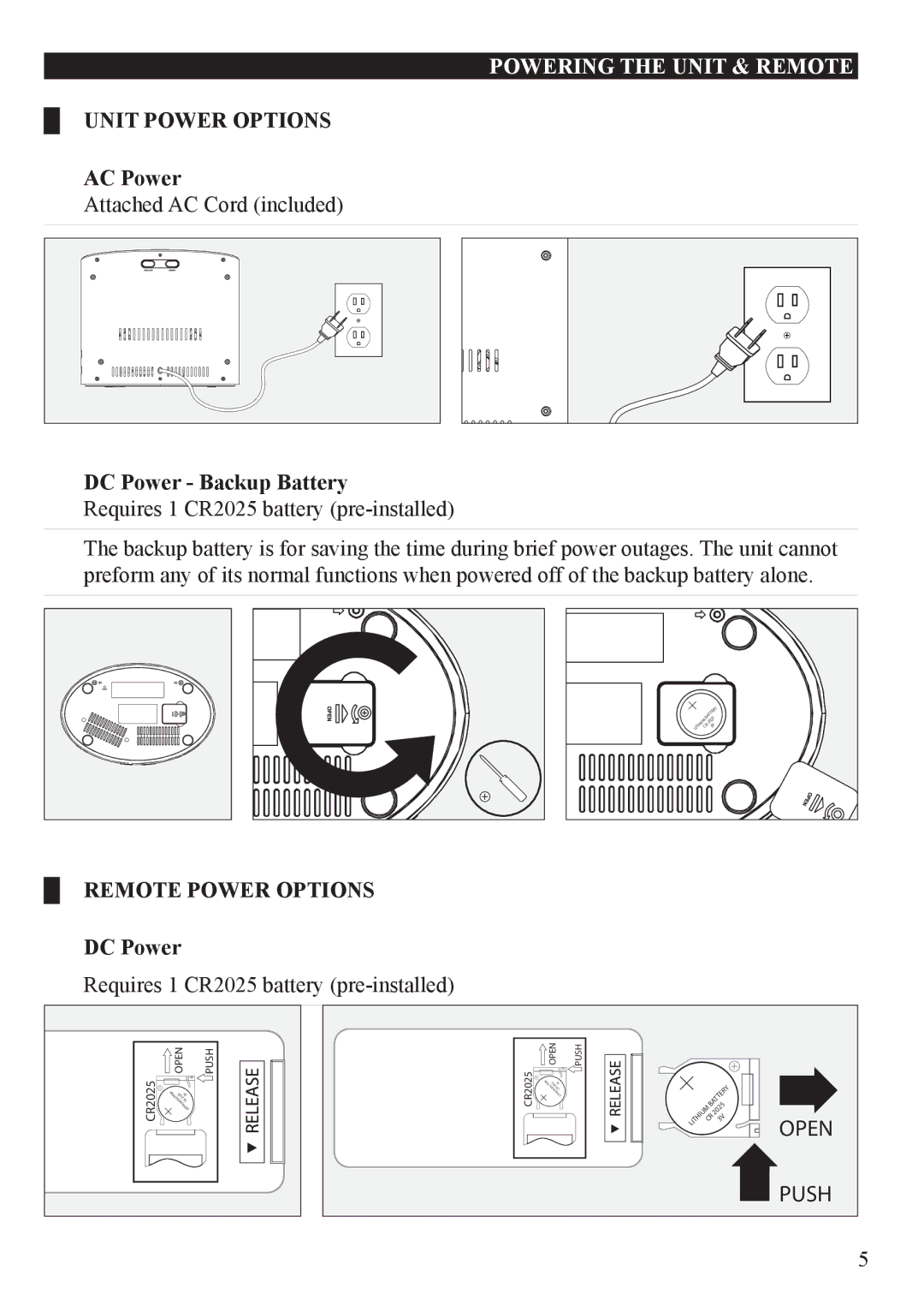 iLive IC609 important safety instructions Powering the unit & remote, Unit Power Options AC Power, DC Power Backup Battery 