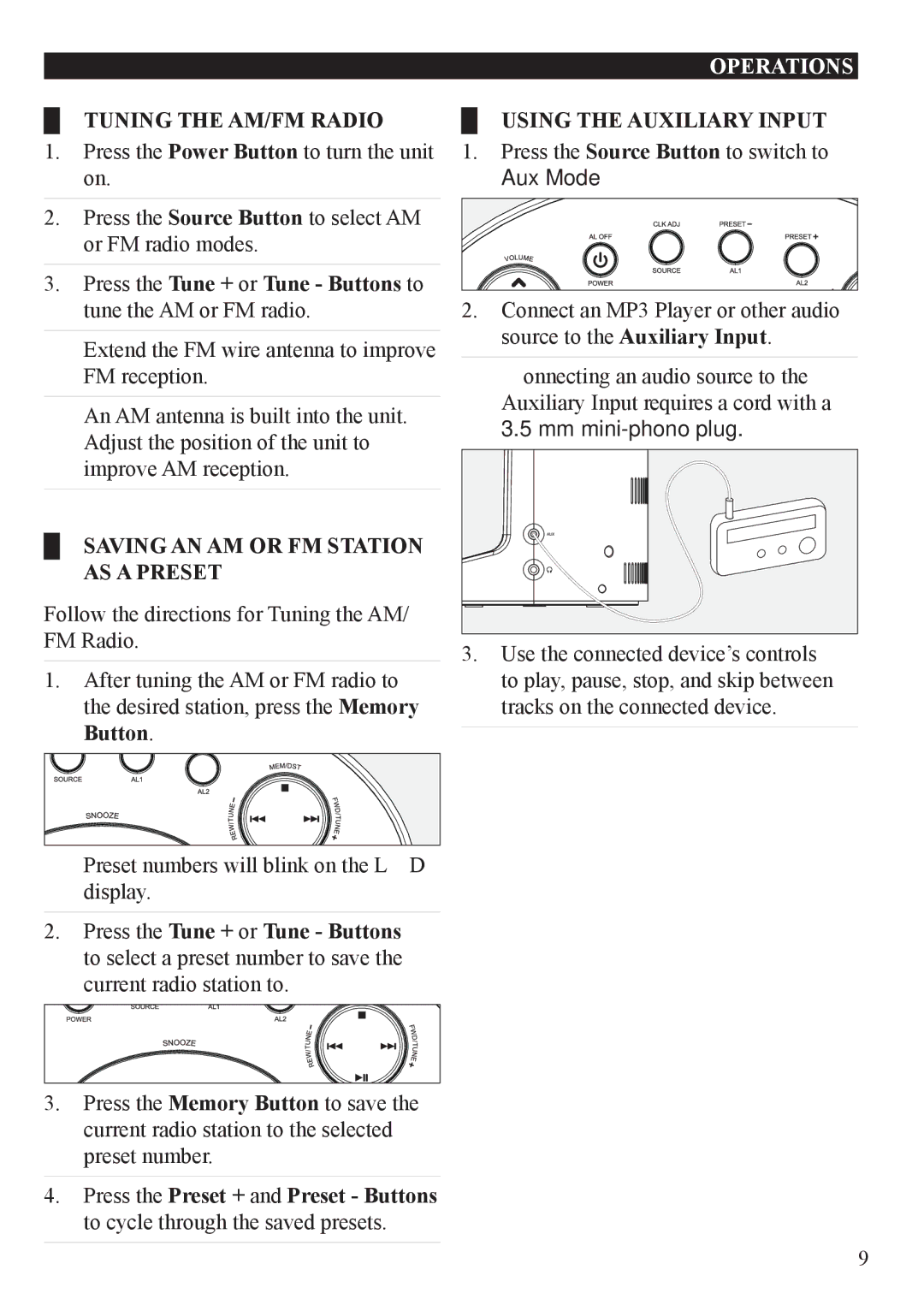 iLive IC609 important safety instructions Saving an AM or FM station as a Preset, Using the auxiliary input 