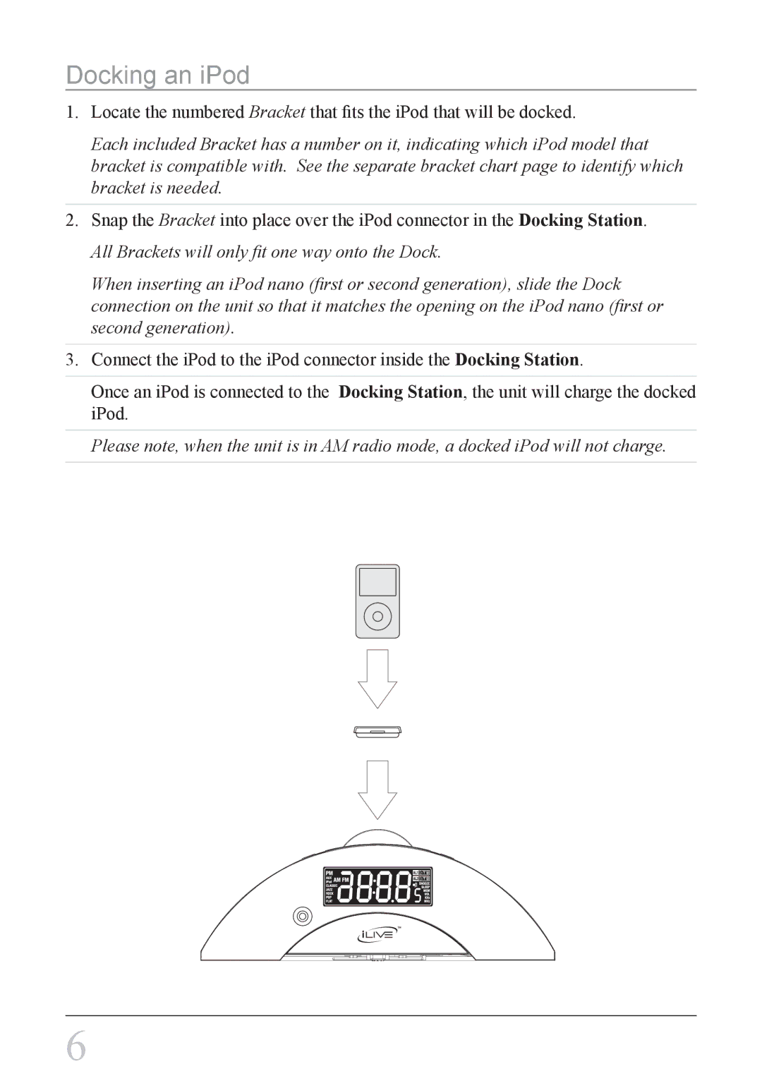 iLive IC618B instruction manual Docking an iPod 