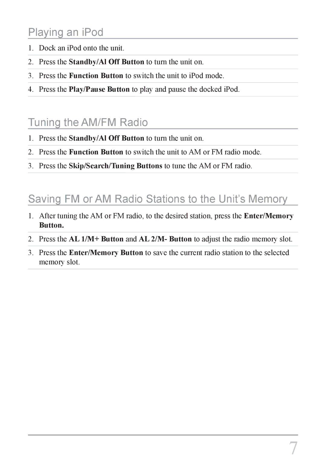 iLive IC618B Playing an iPod, Tuning the AM/FM Radio, Saving FM or AM Radio Stations to the Unit’s Memory 