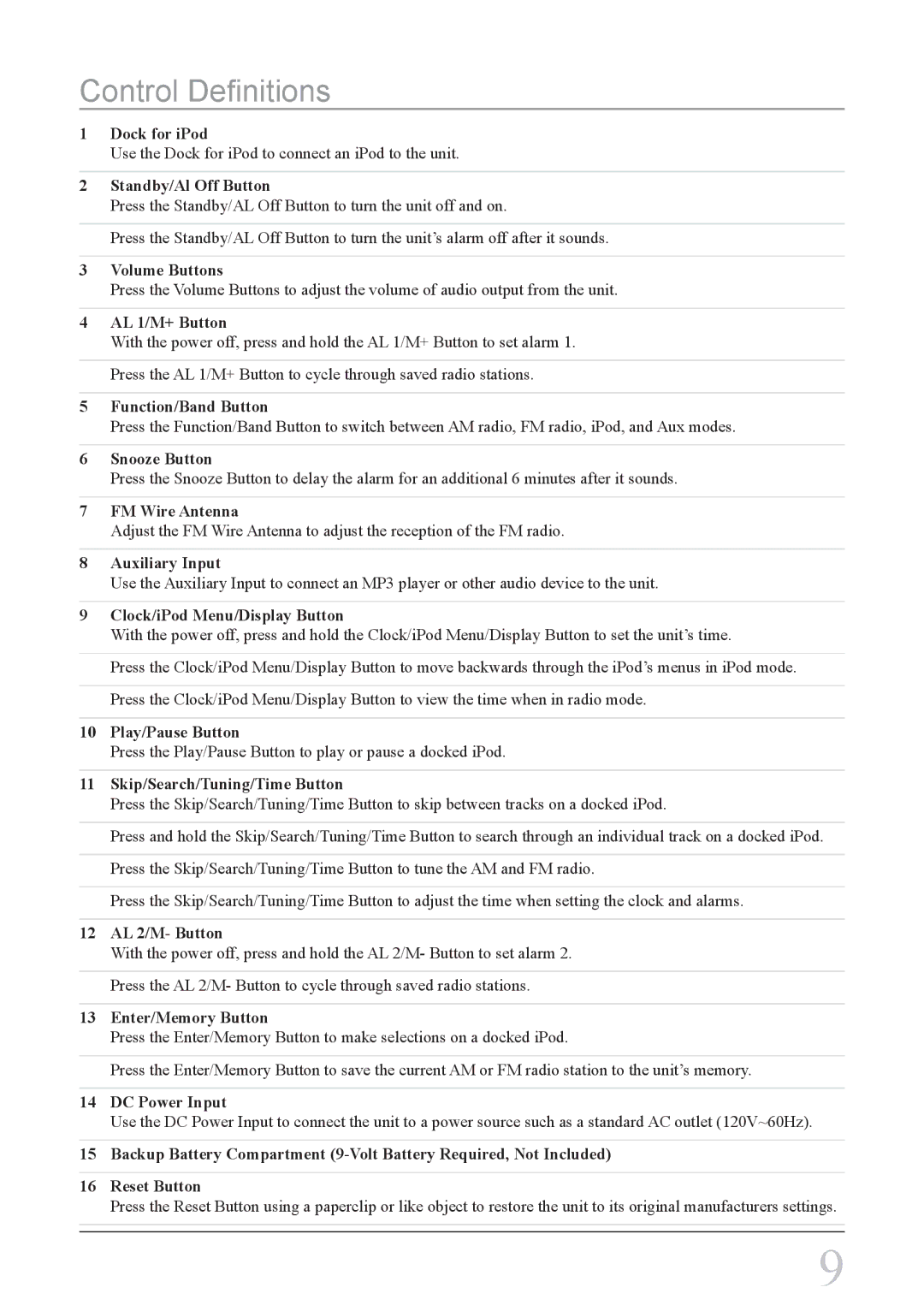 iLive IC618B instruction manual Control Definitions, Standby/Al Off Button 