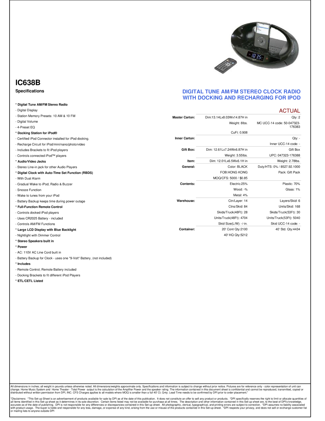 iLive ic638B manual IC638B, Actual, Specifications 