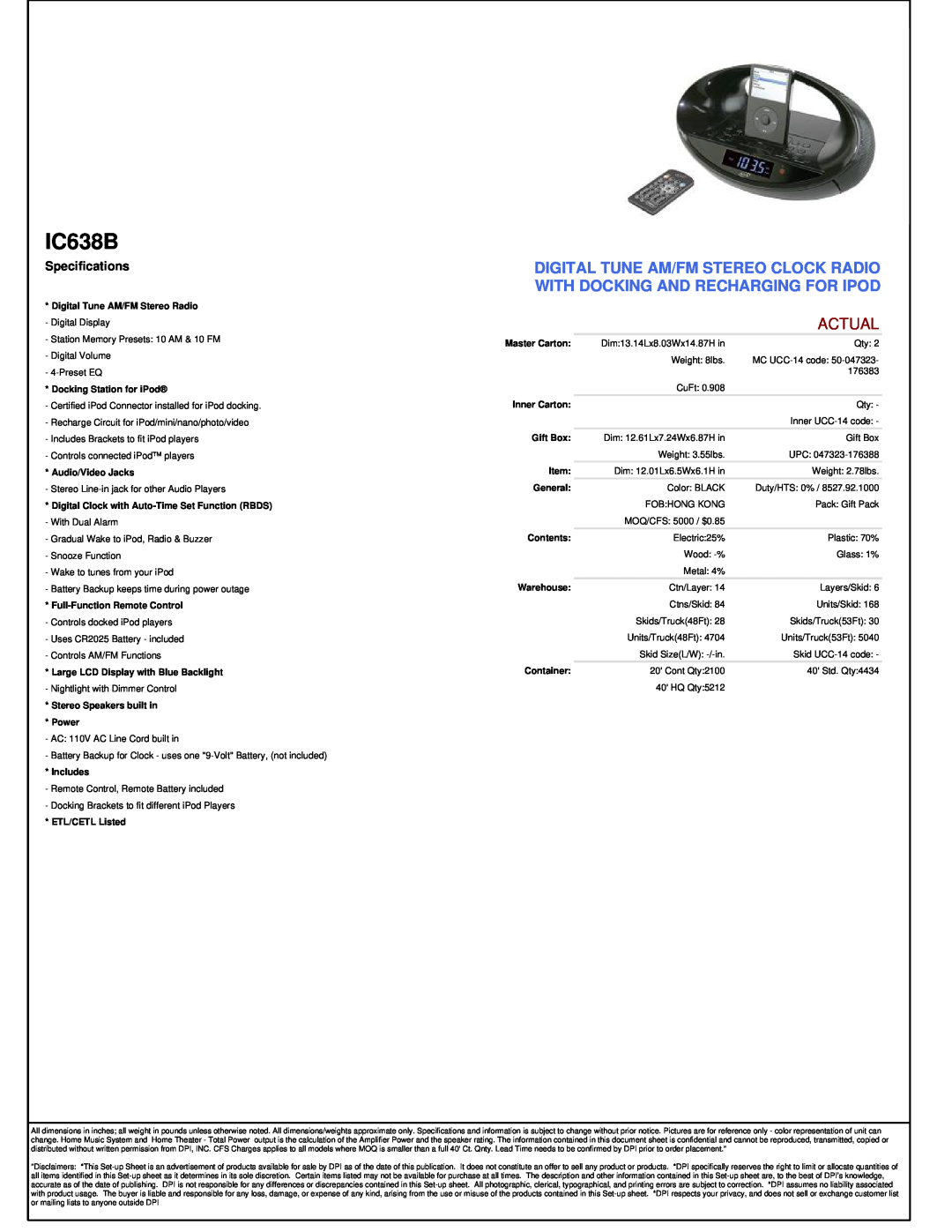 iLive ic638B manual IC638B, Actual, Specifications 