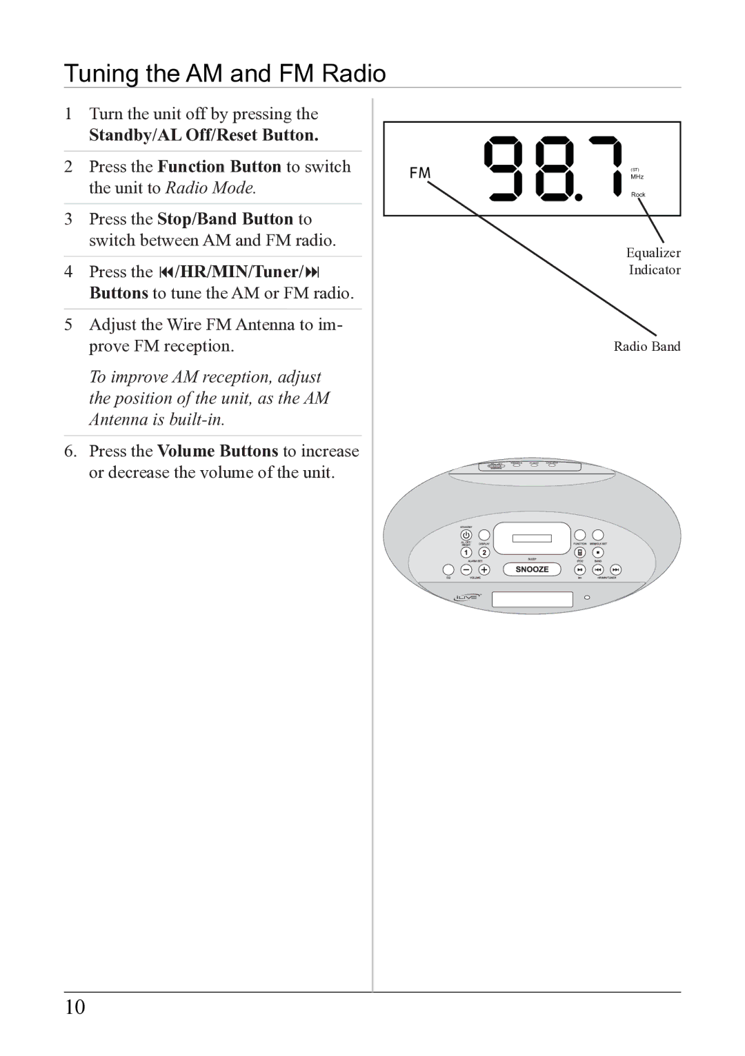 iLive IC638W instruction manual Tuning the AM and FM Radio 