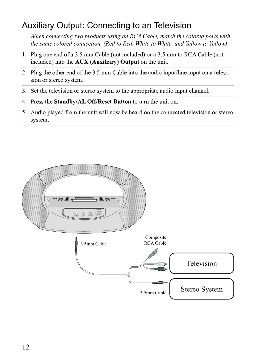 iLive IC638W instruction manual Auxiliary Output Connecting to an Television 