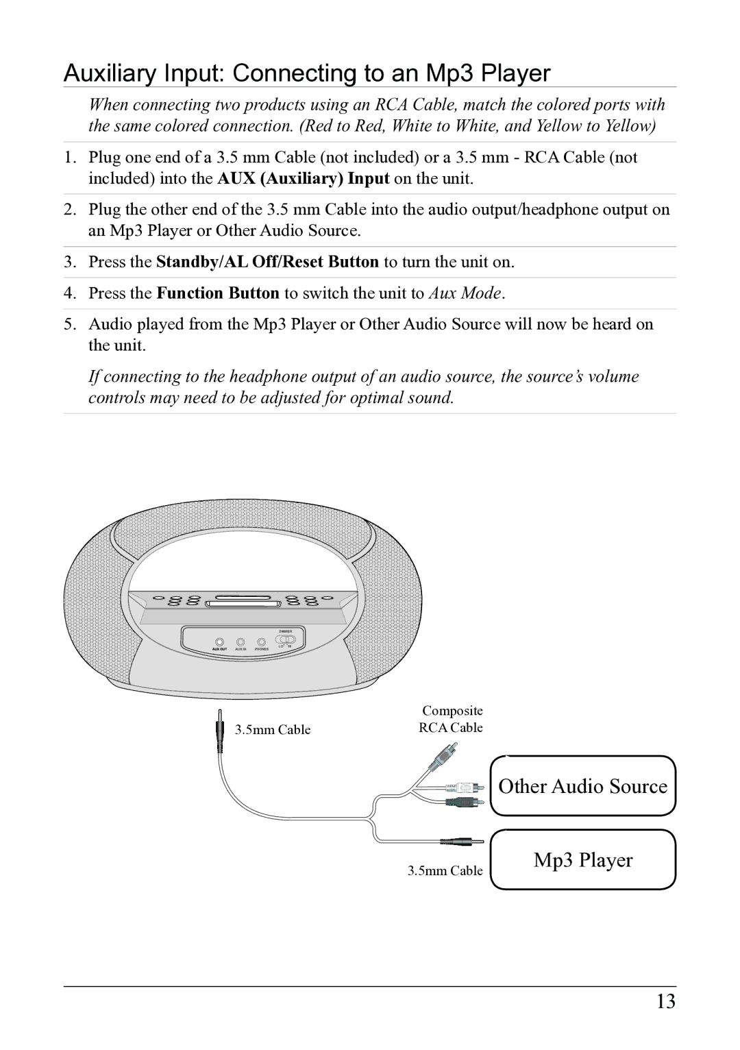 iLive IC638W instruction manual Auxiliary Input Connecting to an Mp3 Player 