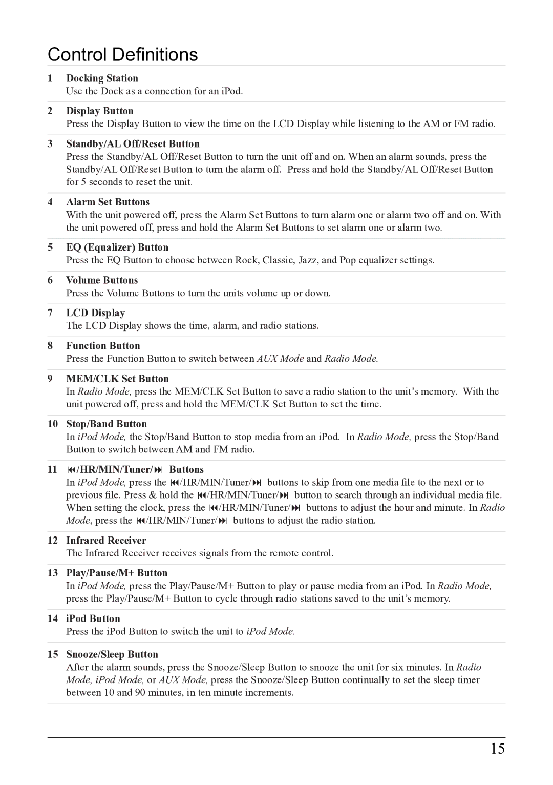 iLive IC638W instruction manual Control Definitions 