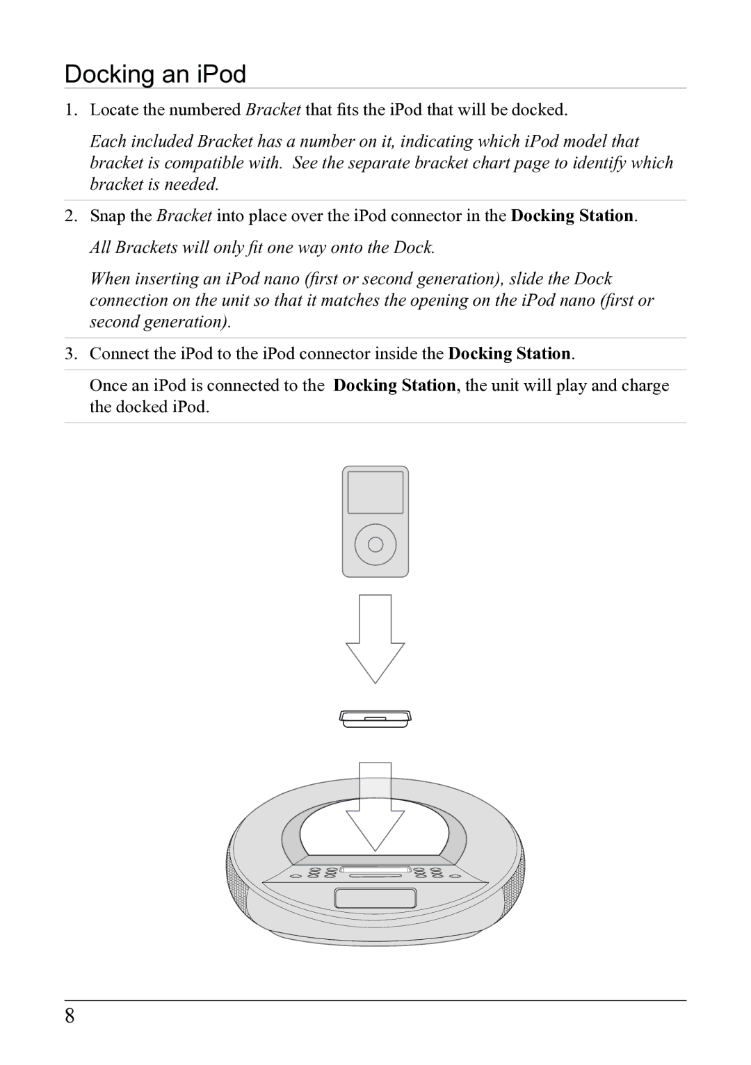 iLive IC638W instruction manual Docking an iPod 