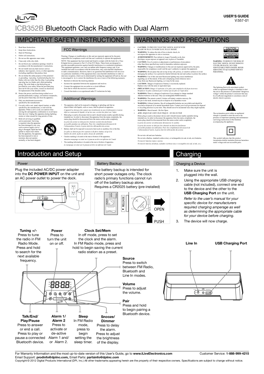 iLive ICB352B important safety instructions Introduction and Setup Charging 