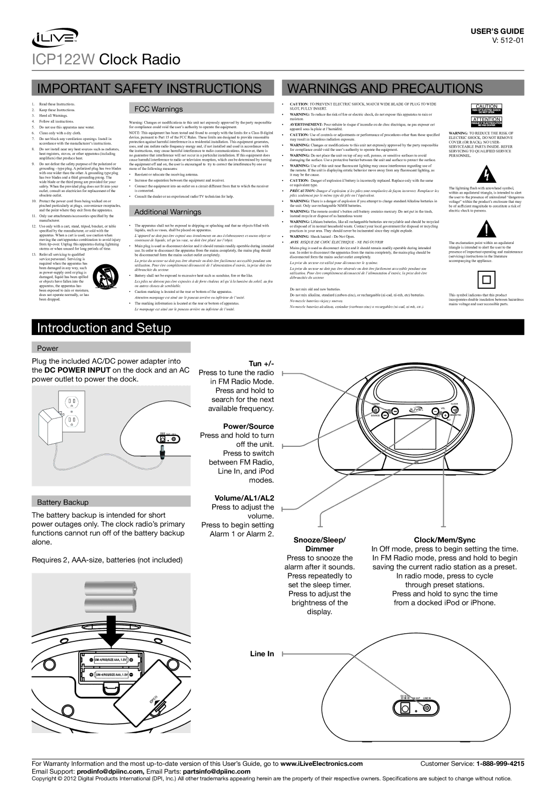 iLive ICP122W important safety instructions Introduction and Setup, Power/Source Press and hold to turn off the unit, Line 