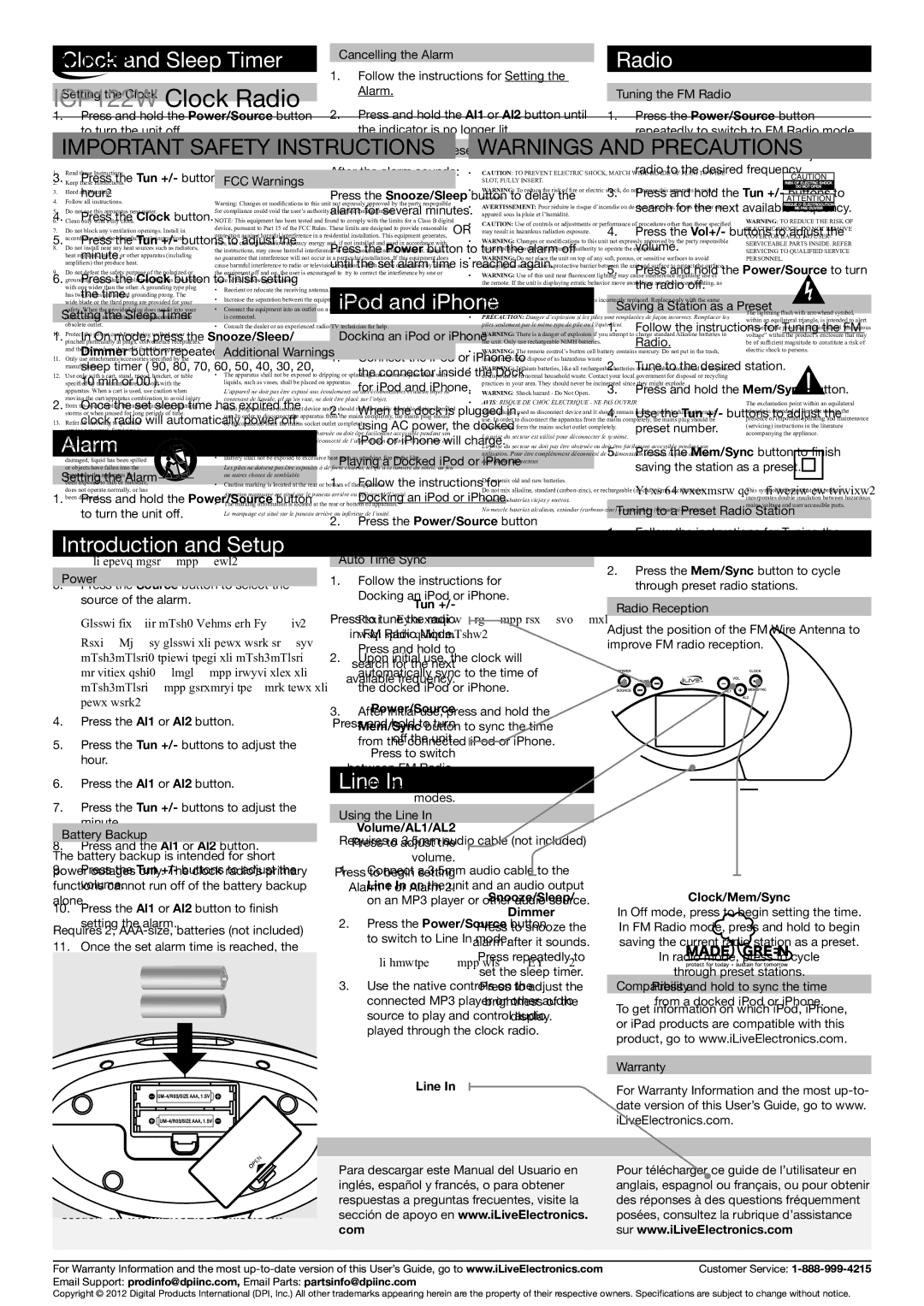 iLive ICP122W important safety instructions Clock and Sleep Timer, Alarm, IPod and iPhone, Radio, Line 