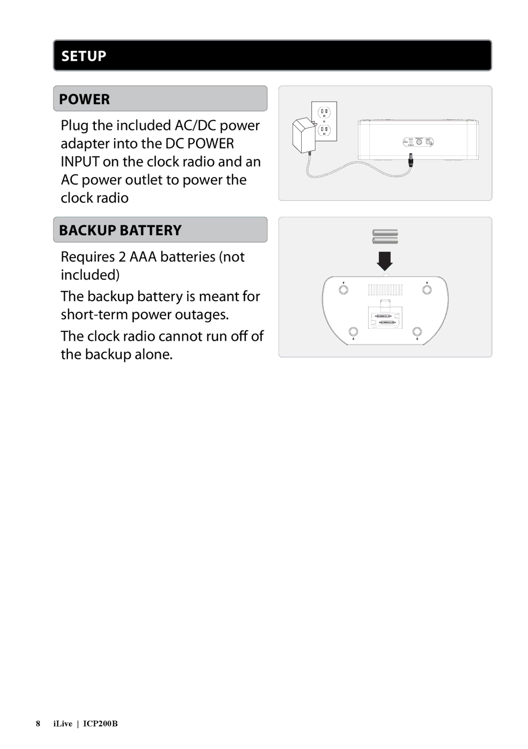 iLive ICP200B manual Setup, Power, Backup Battery 