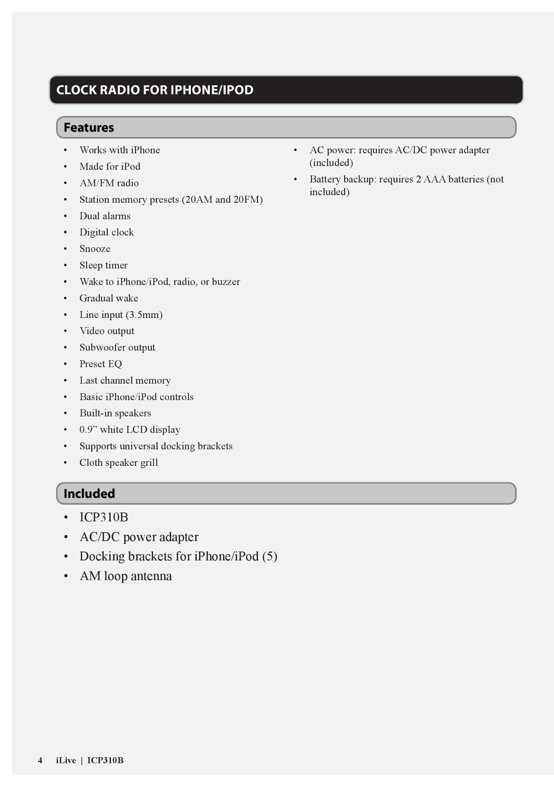 iLive ICP310B manual Features, Included 