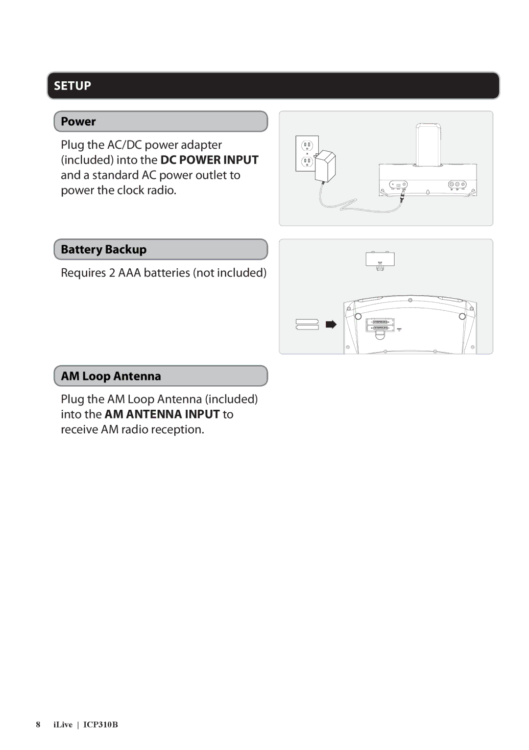 iLive ICP310B manual Power, Battery Backup, AM Loop Antenna 