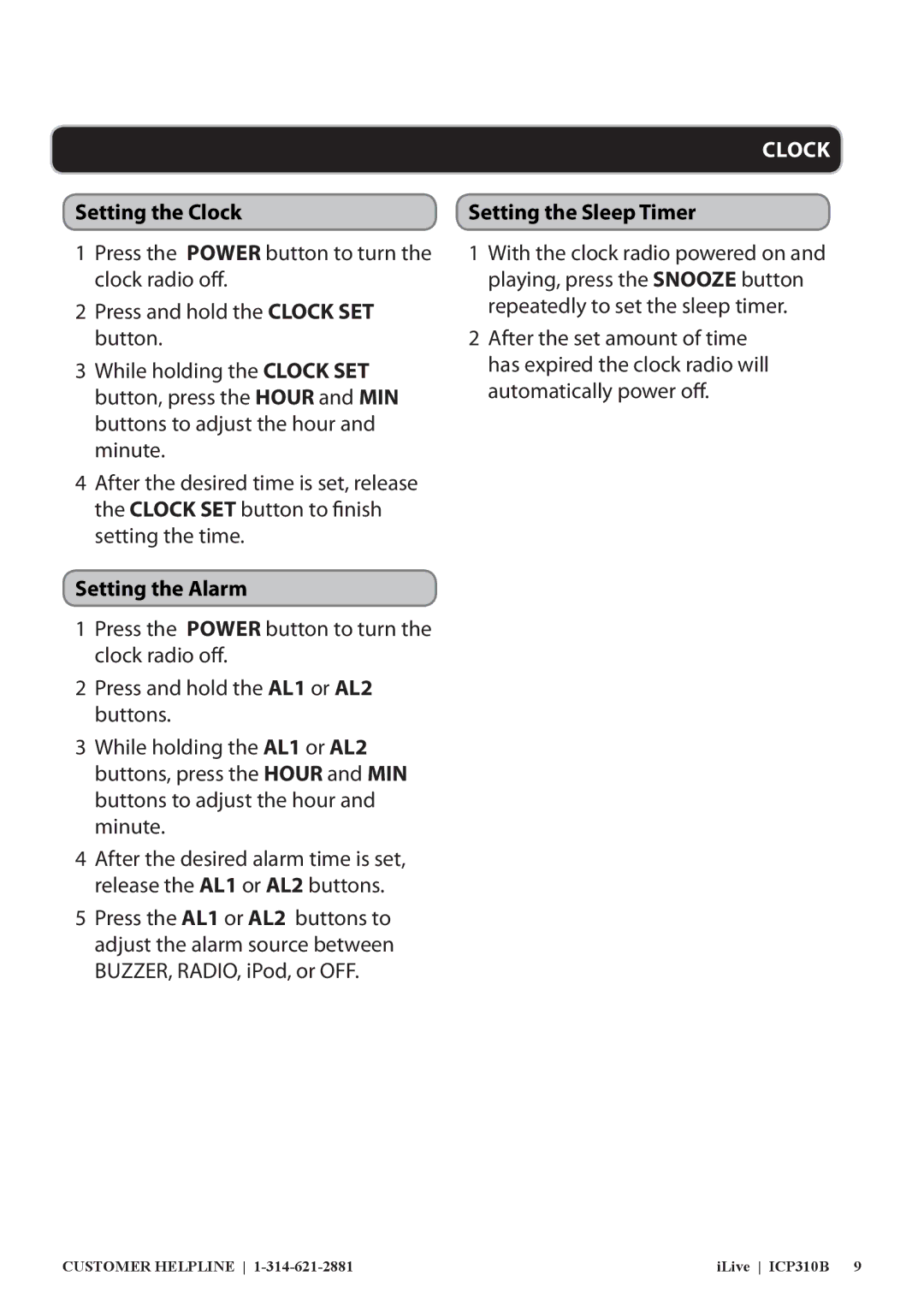 iLive ICP310B manual Setting the Clock, Setting the Alarm, Setting the Sleep Timer 