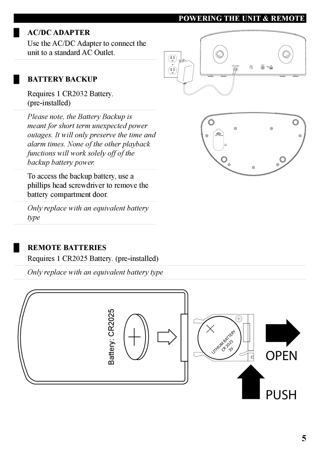 iLive ICP689B manual Powering the Unit & REmote, AC/DC Adapter, Battery Backup, Remote Batteries 