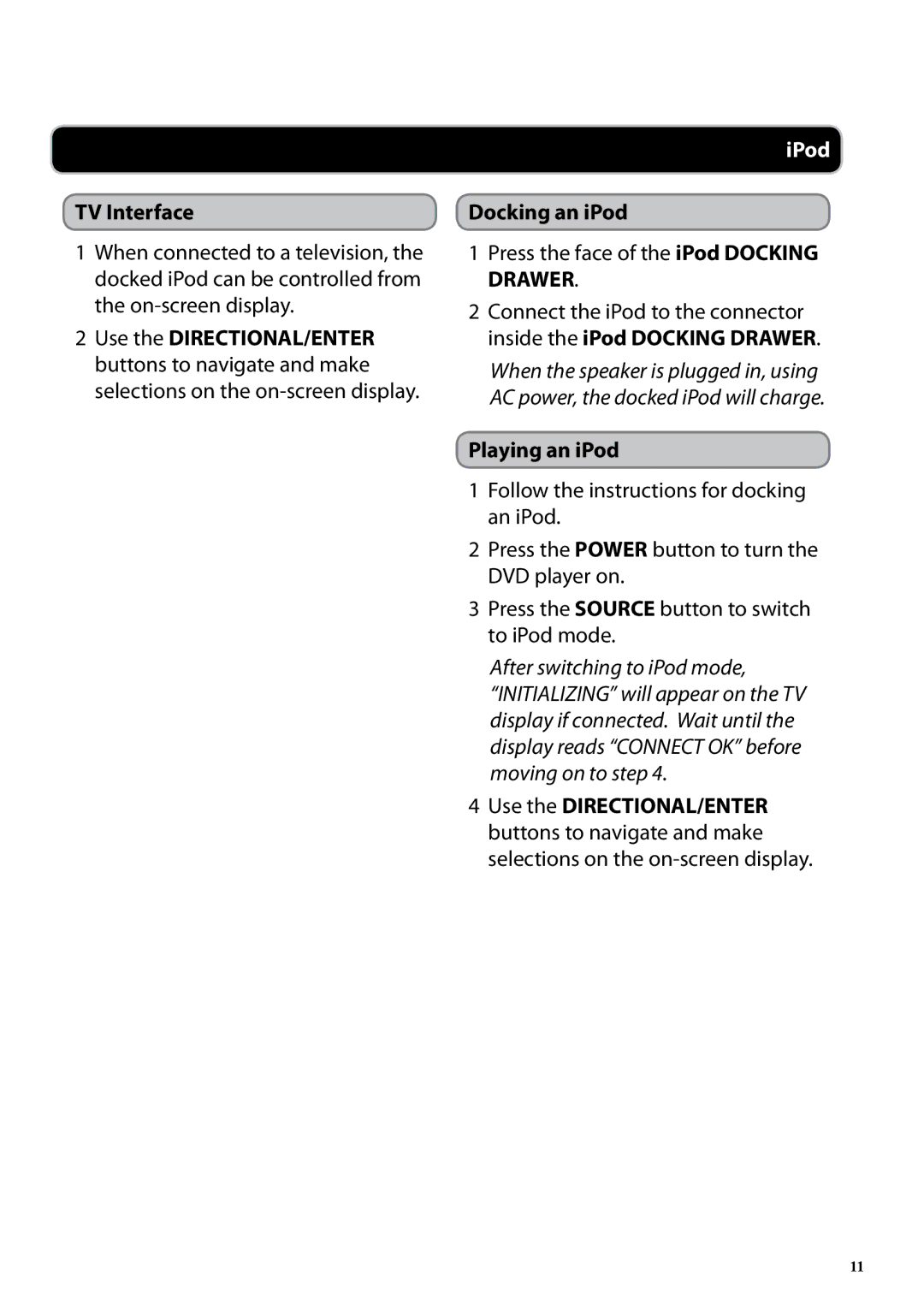 iLive ID200B manual TV Interface, IPod, Docking an iPod, Press the face of the iPod Docking Drawer, Playing an iPod 