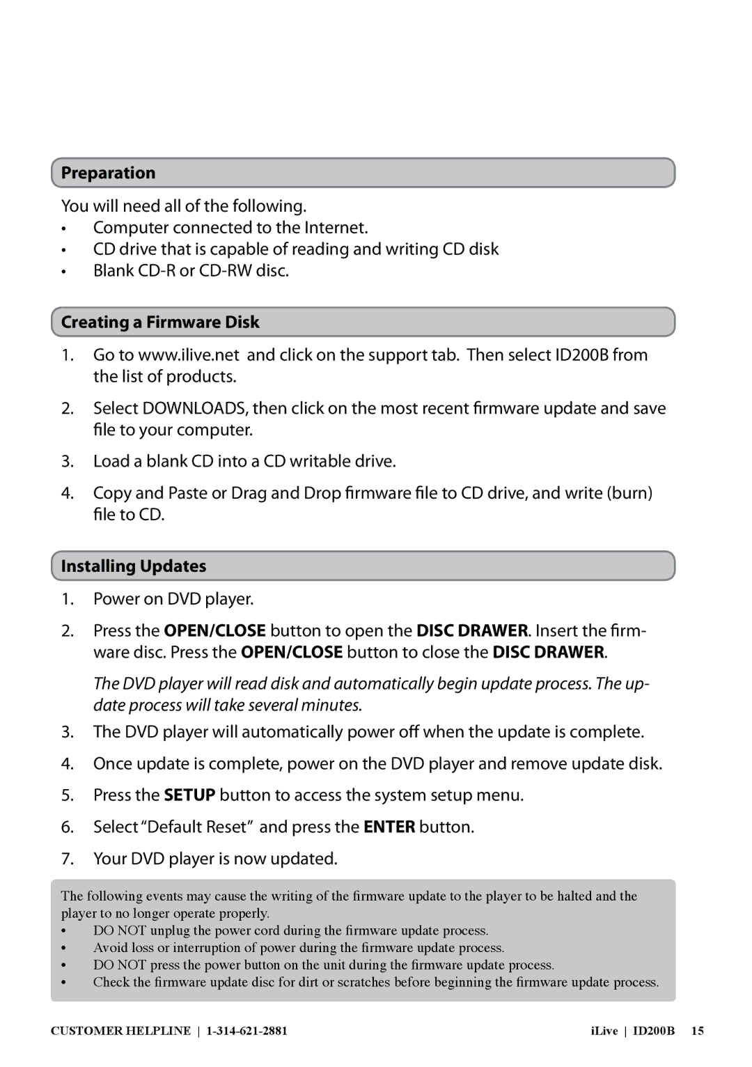 iLive ID200B manual Preparation, Creating a Firmware Disk, Installing Updates, Power on DVD player 