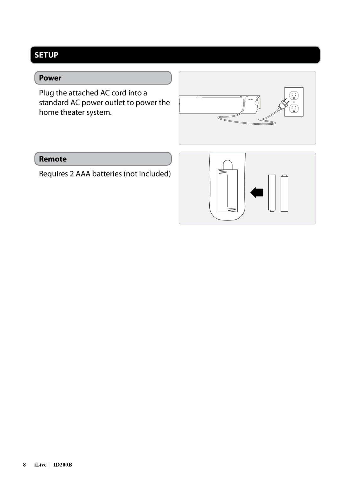 iLive ID200B manual Setup, Power, Remote, Requires 2 AAA batteries not included 