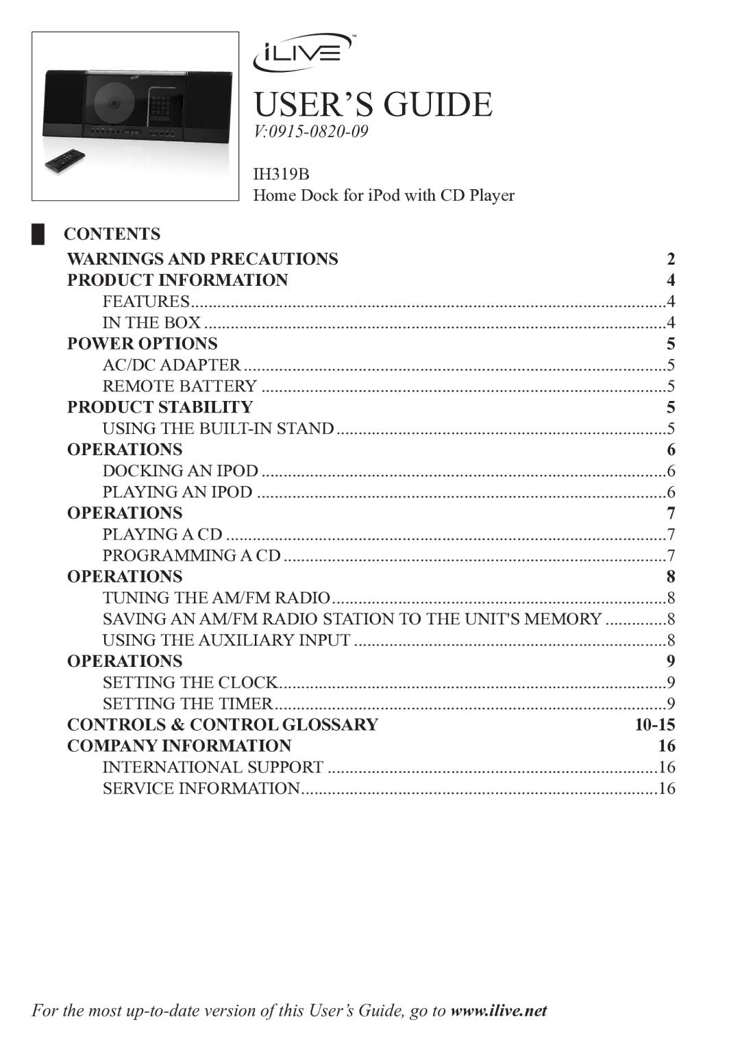 iLive 0915-0820-09, IH319B manual USER’S Guide 