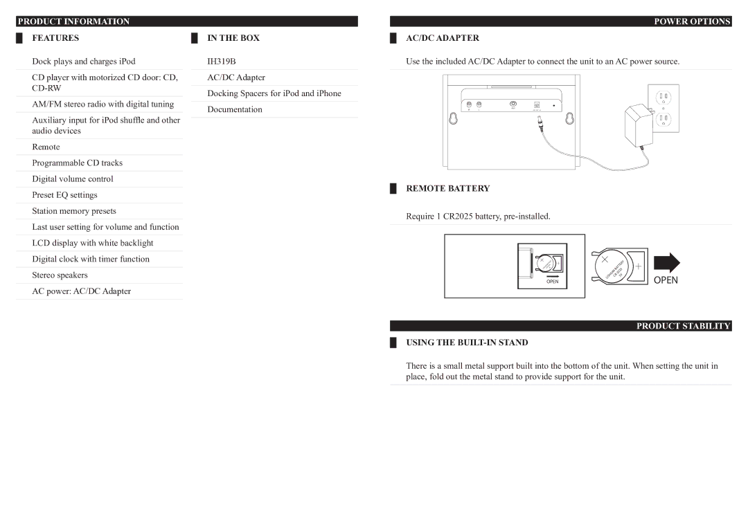 iLive 0915-0820-09, IH319B manual Product Information, Power Options, Product Stability 