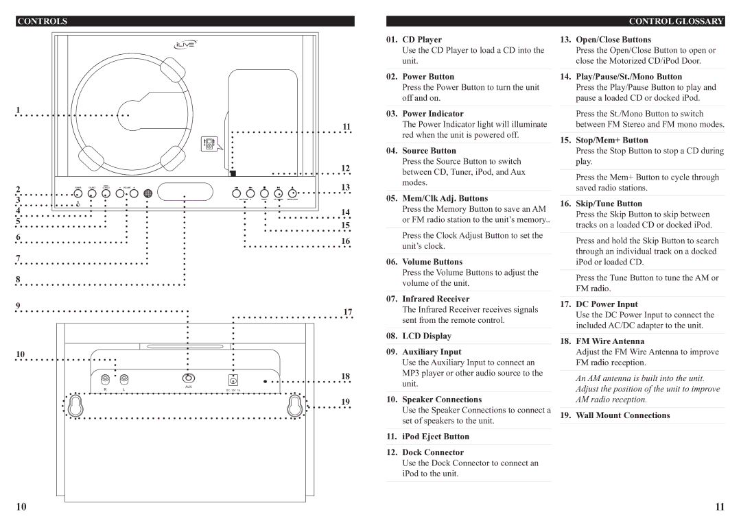 iLive IH319B, 0915-0820-09 manual Controls, Control Glossary 