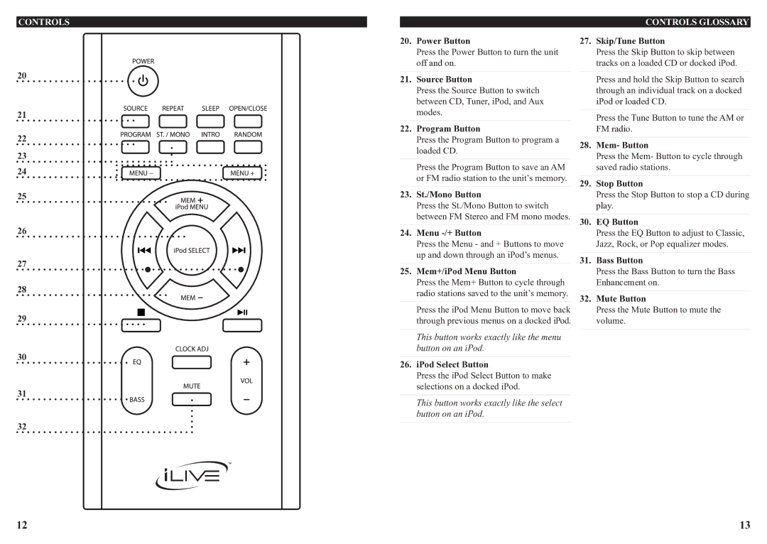 iLive 0915-0820-09, IH319B manual Controls Glossary 