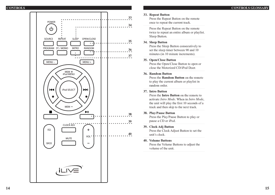 iLive IH319B, 0915-0820-09 manual Controls Controls Glossary 