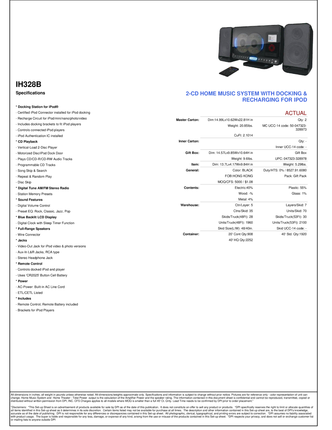 iLive IH328B Docking Station for iPod, CD Playback, Digital Tune AM/FM Stereo Radio, Sound Features, Full-Range Speakers 