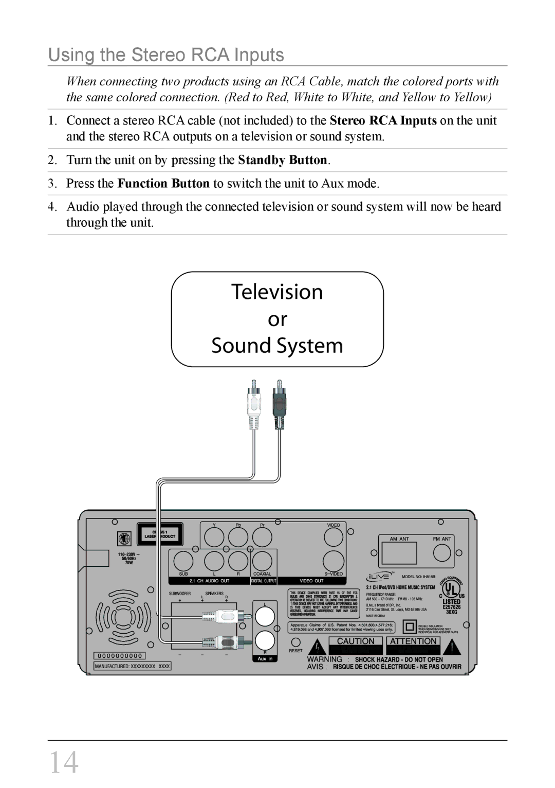 iLive IH818B instruction manual Television Sound System, Using the Stereo RCA Inputs 