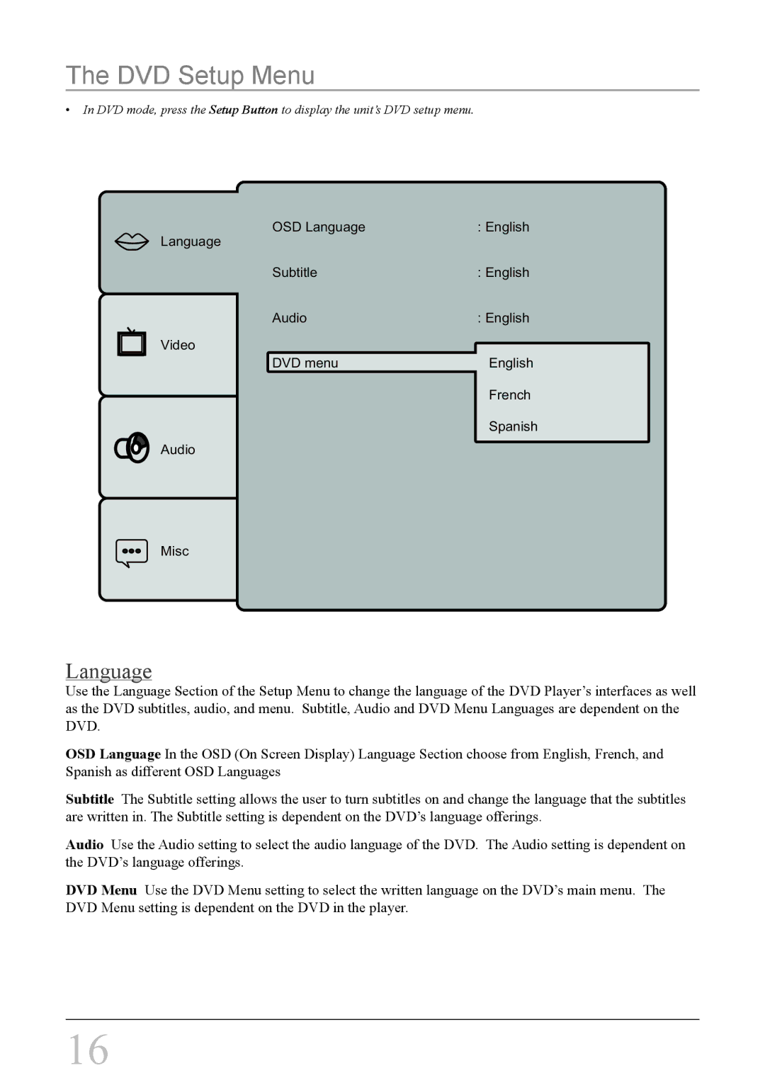 iLive IH818B instruction manual DVD Setup Menu, Language 