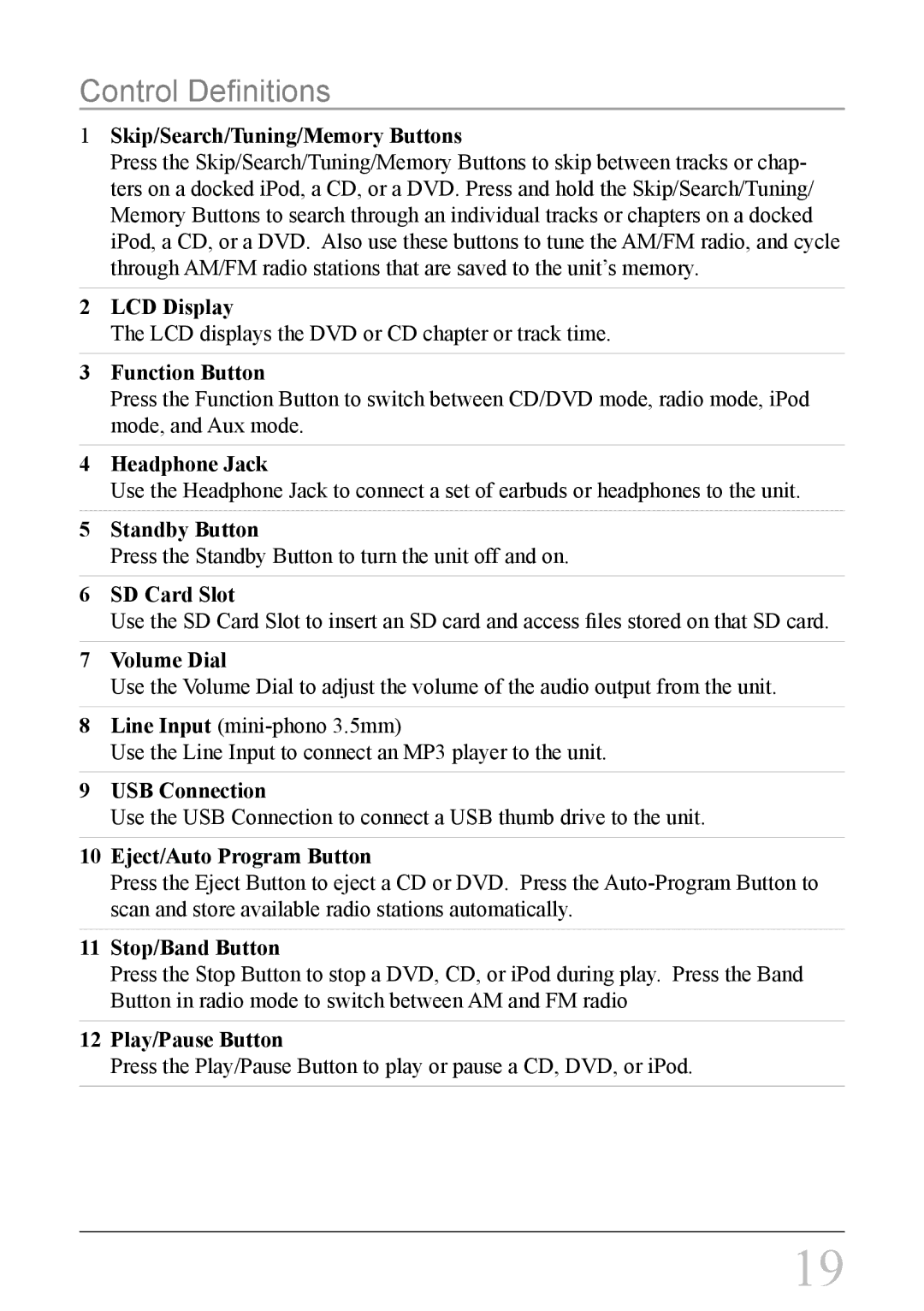 iLive IH818B instruction manual Control Definitions, Skip/Search/Tuning/Memory Buttons 