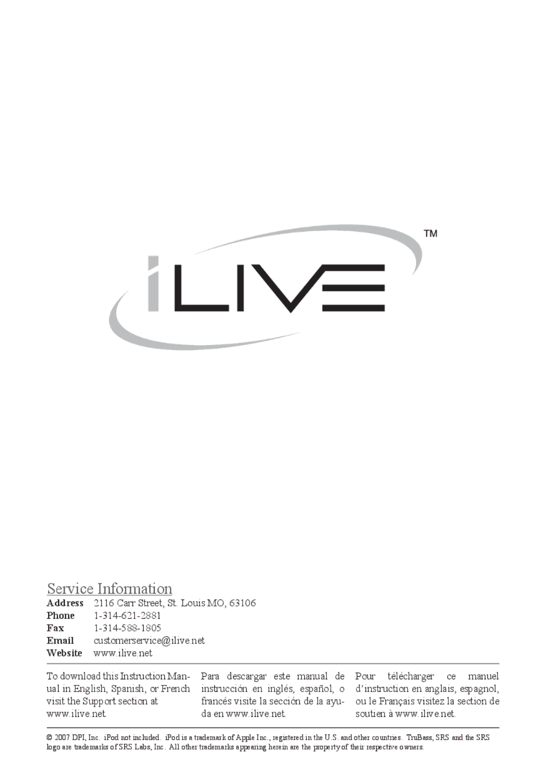 iLive IH818B instruction manual Service Information 