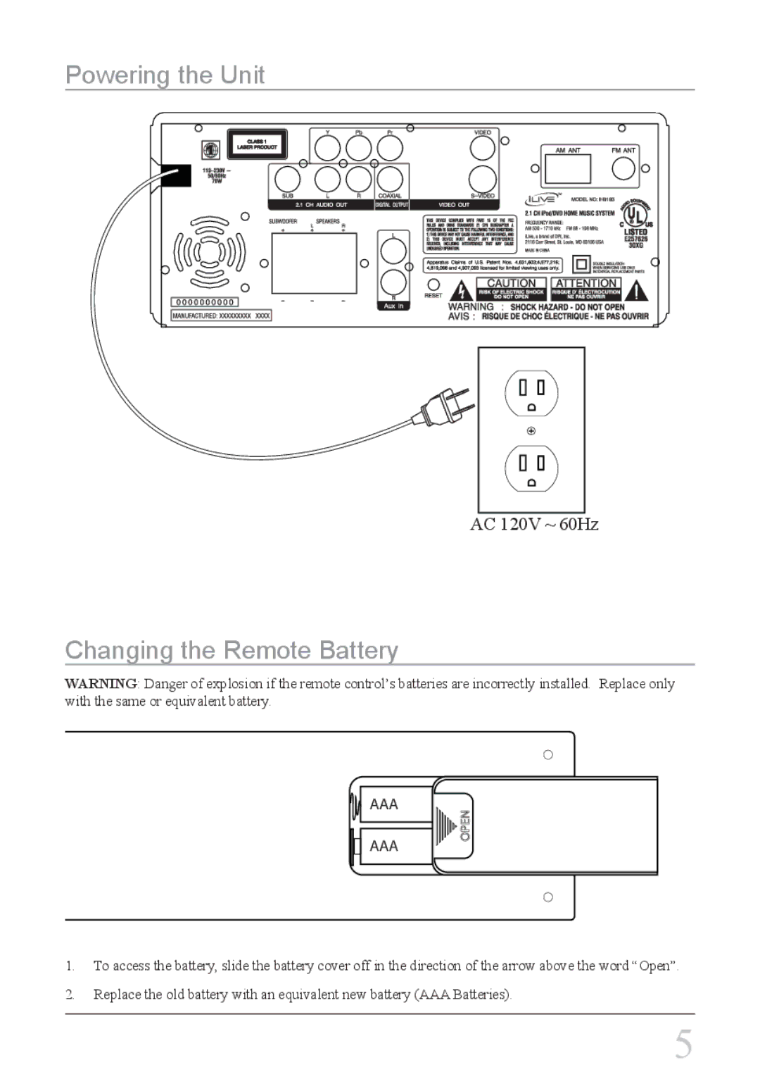 iLive IH818B instruction manual Powering the Unit, Changing the Remote Battery 