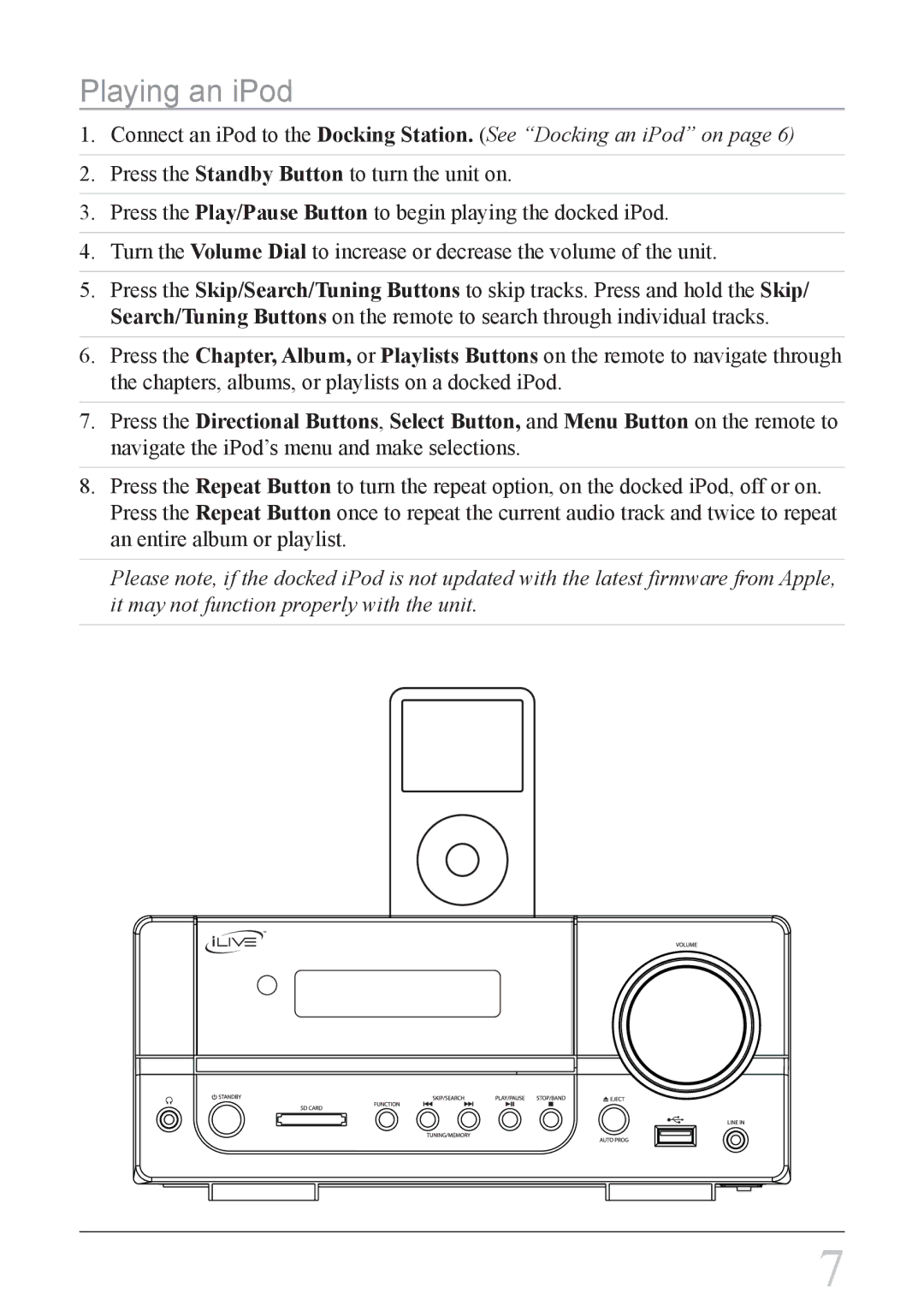 iLive IH818B instruction manual Playing an iPod 