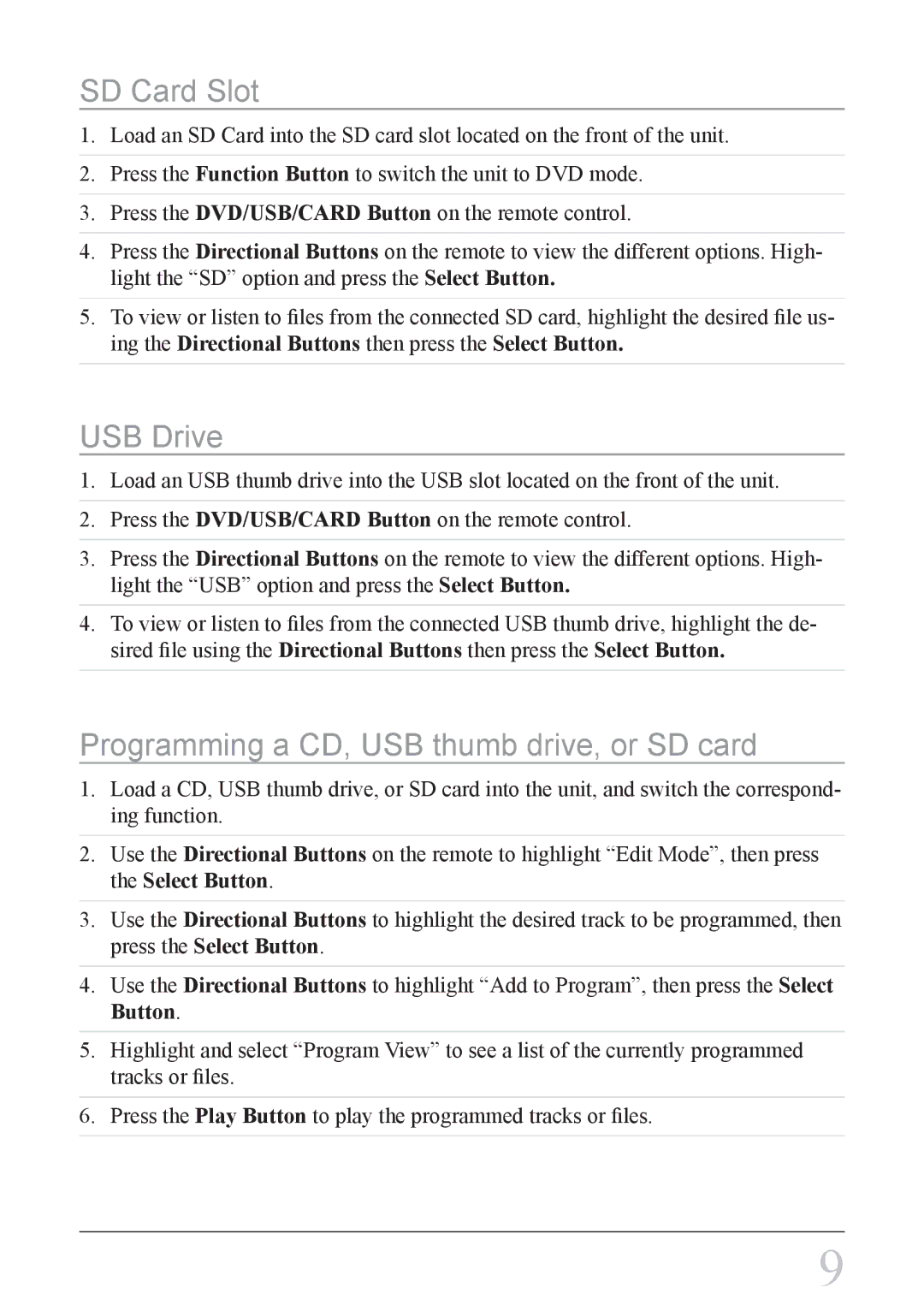 iLive IH818B instruction manual SD Card Slot, USB Drive, Programming a CD, USB thumb drive, or SD card 