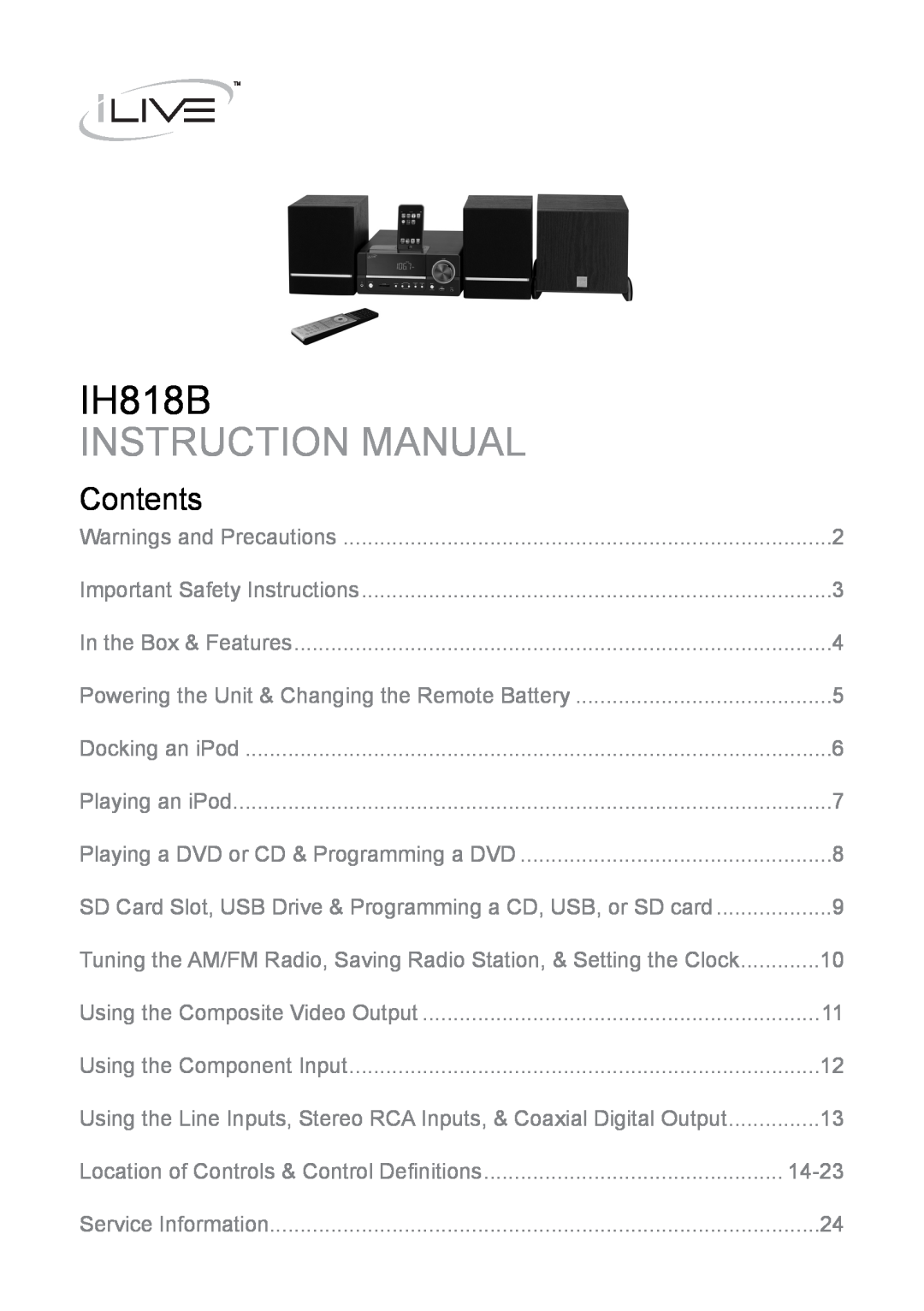iLive IH818B instruction manual Contents, 14-23 