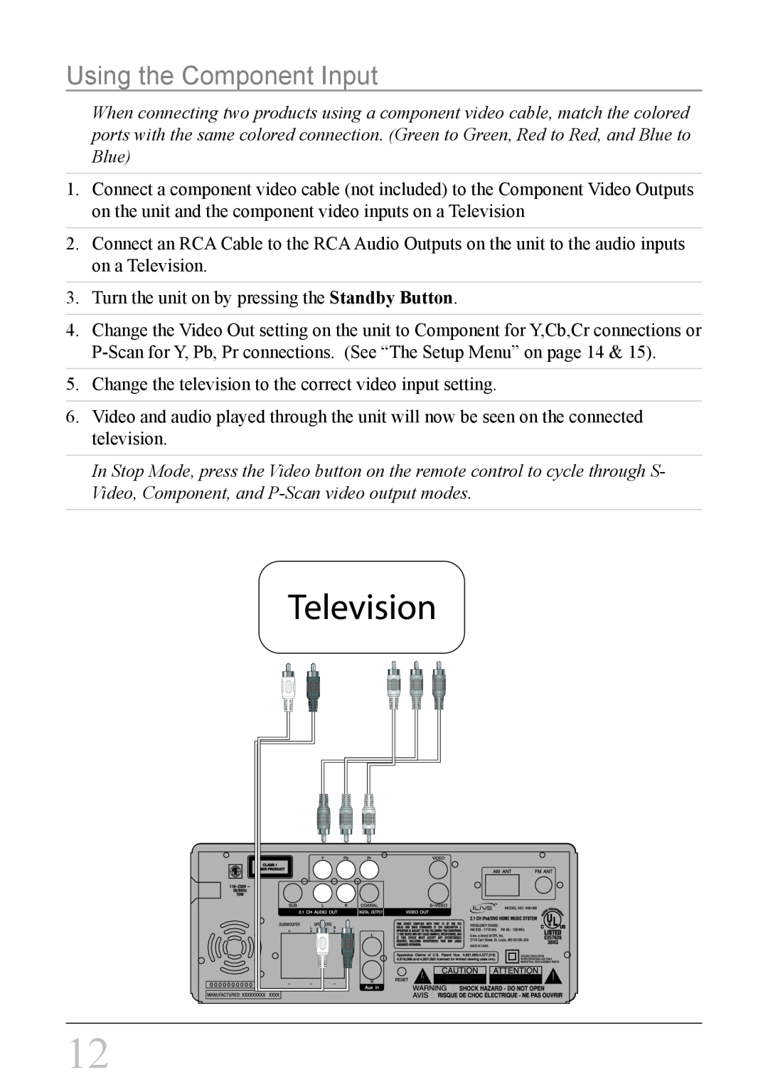 iLive IH818B instruction manual Using the Component Input 