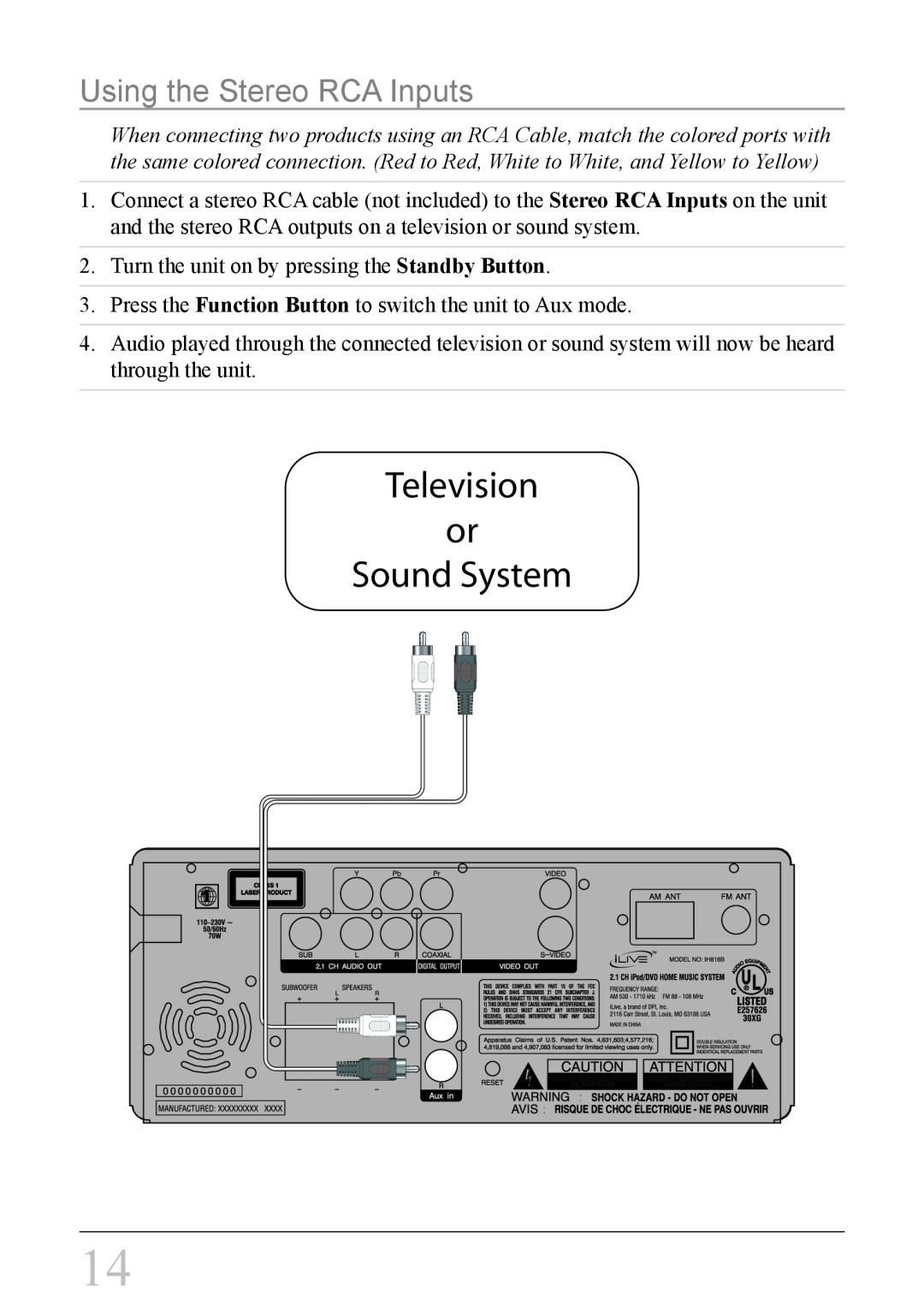 iLive IH818B instruction manual Using the Stereo RCA Inputs, Television or Sound System 